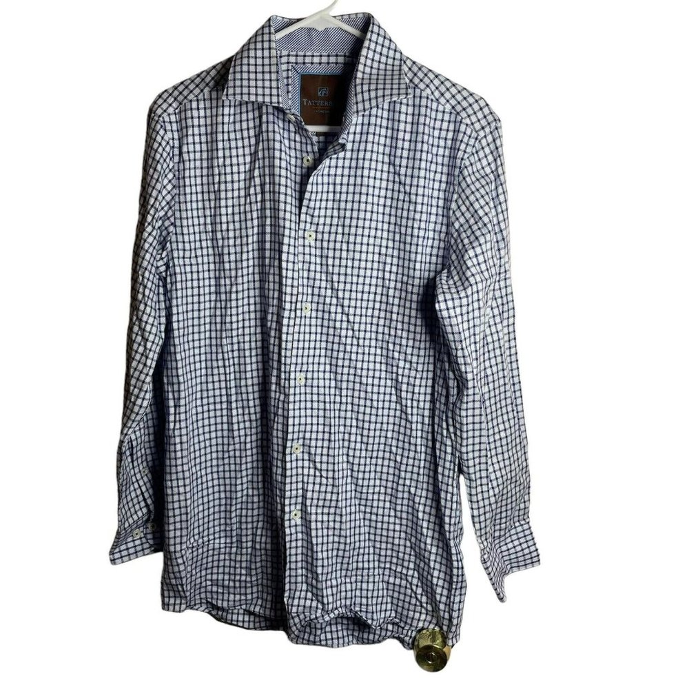 Tattersall London Dress Shirt Men 15.5 32/33 Button Front Blue Check Long Sleeve